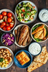 Delicious Gourmet Spread: A Variety of Fresh Salads, Grilled Fish, Savory Pastries, and Dips on a Rustic Wooden Table