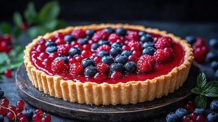 Fresh berry tart with vibrant red, blue, and pink berries
