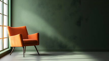 Orange Chair in a Room with Green Wall Window Light Sun Shadow Empty Room Comfortable Chair Home Interior Interior Style
