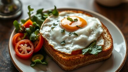 Delicious Breakfast Plate Featuring Toast with Fried Egg and Fresh Vegetables