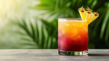 World cocktail day with beverage and glass idea. Colorful tropical cocktail drink garnished with pineapple.