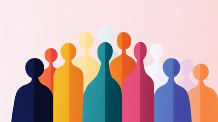 Diverse silhouettes of people standing together in colorful shades against a minimalist background