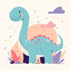 Cute cartoon dinosaur illustration for children's room decor. Smiling brontosaurus with pastel colors and floral elements. Nursery wall art, kids book cover or birthday card design concept