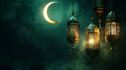 Qadr Night 3D Banner Isolated on Deep Green Background Featuring Glowing Crescent and lanterns. Laylat al Qadr, Ramadan Card
