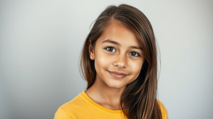 Fototapeta premium Happy Young Girl with Long Brown Hair and Warm Smile Against a Neutral Background