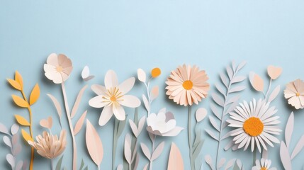 Colorful paper flowers arranged creatively against a blue background, showcasing various shapes and sizes of floral designs