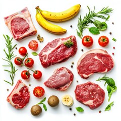 Raw meat cuts with assorted fresh vegetables and fruits