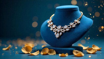 A Diamond Necklace Glowing Against a Royal Blue and Gold Dreamscape.