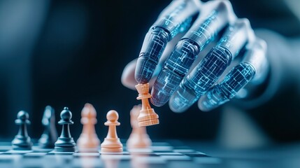Robotic hand moves chess piece on a dark board. Digital blue light highlights the robotic hand. Strategy game concept