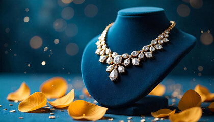 A Diamond Necklace Glowing Against a Royal Blue and Gold Dreamscape.