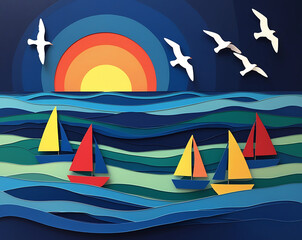 Naklejka premium Colorful Paper Art of Sailboats at Sea with Sunset and Seagulls 3D Layered Illustration