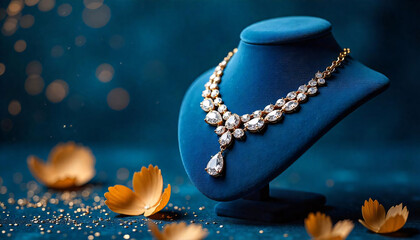 A Diamond Necklace Glowing Against a Royal Blue and Gold Dreamscape.