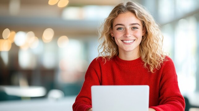 Smiling young woman with curly blond hair sits indoors, holding a laptop in her lap; she wears a red sweater against a blurred background