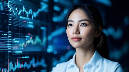 A young woman looks thoughtfully at a futuristic digital interface filled with data charts and graphs. Blue light illuminates her face, creating a