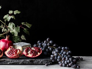 Colorful fruits and cheese on a dark background create an inviting still life arrangement