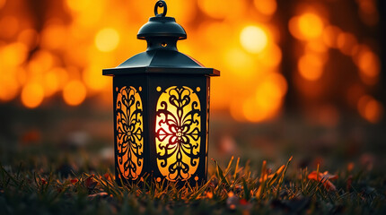 A Decorative Lantern Casting Intricate Floral Patterns Amidst a Soft, Golden-Hued Outdoor Setting.