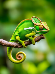A vibrant green chameleon perched on a branch with a curled tail
