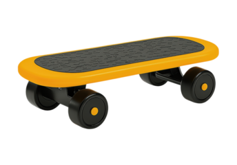 Modern Electric Skateboard with Yellow Frame, Black Grip Tape Deck Surface and Large Performance Wheels for Urban Transportation Isolated on Transparent and White Background
