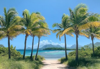 Tropical Paradise Pathway with Palm Trees Framing a Beautiful Clear Blue Ocean and Lush Green Mountains in the Background Under a Bright Sunny Sky