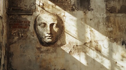 Fototapeta premium A sculpted mask on a weathered wall catches rays of sunlight, highlighting the mysterious and timeless face against an aged backdrop.