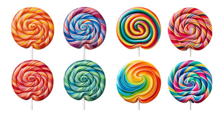 Colorful Swirled Lollipops in Bright, Fun Patterns for Treat Lovers, PNG bundle collection, Isolated on Transparent Background