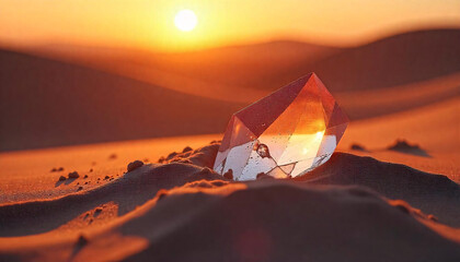 A Clear Crystal Resting in a Bed of Vibrant Colored Sand.