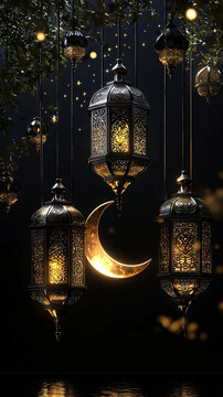 Laylatul Qadr, Ramadan night background with crescent and glowing lanterns. Islamic celebration card with empty space for text placement