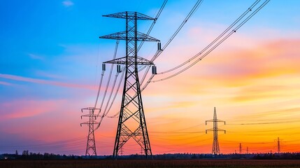 Fototapeta premium Power Lines Towers Against Colorful Sunset Sky Supplying Energy