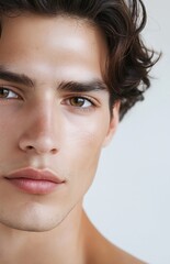 Fototapeta premium Young male with wavy hair and captivating eyes poses for a close-up shot against a neutral background