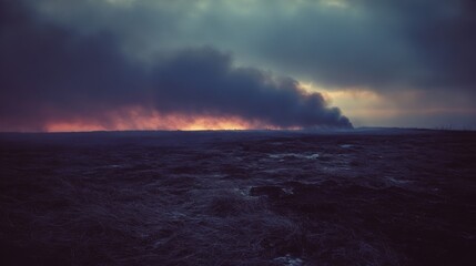 A hauntingly beautiful landscape with a dark, smoky horizon and glowing, fiery sunset, evoking mystery and drama.