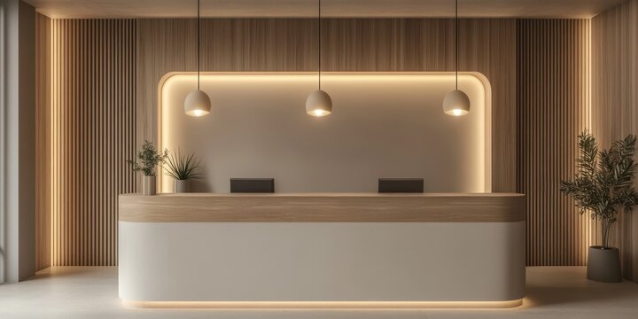 A modern reception desk with wood paneling and soft lighting