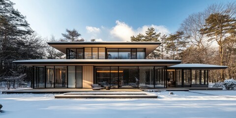 Obraz premium Modern two story home nestled in a snowy forest landscape