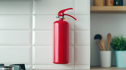 Obraz premium Fire safety preparedness: properly mounted fire extinguisher in modern kitchen design