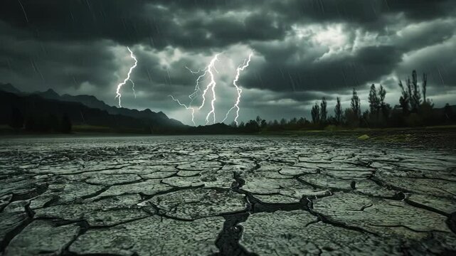 Thunderstorms unleash lightning over cracked landscape during heavy rainfall in a dramatic natural display