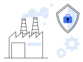 Industrial factory with two chimneys emitting smoke, shield with padlock symbolizing security, and gears. Ideal for security, technology, manufacturing, cyber protection, industrial safety, data