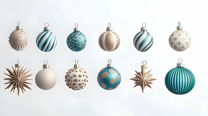 Fototapeta premium Ten Christmas Ornaments in Teal Gold and White Against A Soft White Backdrop