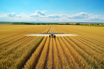 Fototapeta premium A drone meticulously distributes fertilizer over a vast wheat field, ensuring even coverage with precise nozzles releasing a fine mist against the backdrop of a bright, sunny day