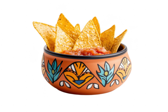 Delicious tortilla chips served with salsa in a beautifully decorated bowl, ideal for snacking and entertaining guests during casual gatherings and parties