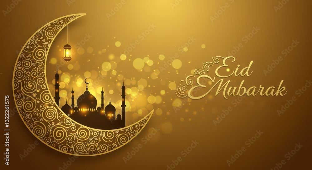 Fototapete a festive design for celebrating eid mubarak a crescent moon with golden traditional swirls patterns