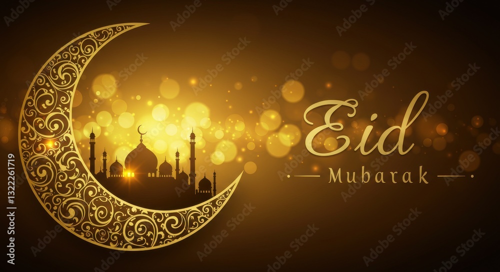 Fototapete a festive design for celebrating eid mubarak a crescent moon with golden traditional swirls patterns