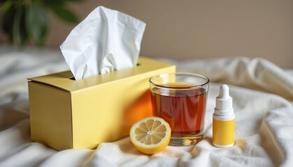 Spring allergy relief items: tissue box, lemon, herbal tea, and essential oil