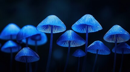   A cluster of blue fungi surrounding a verdant green field of blades