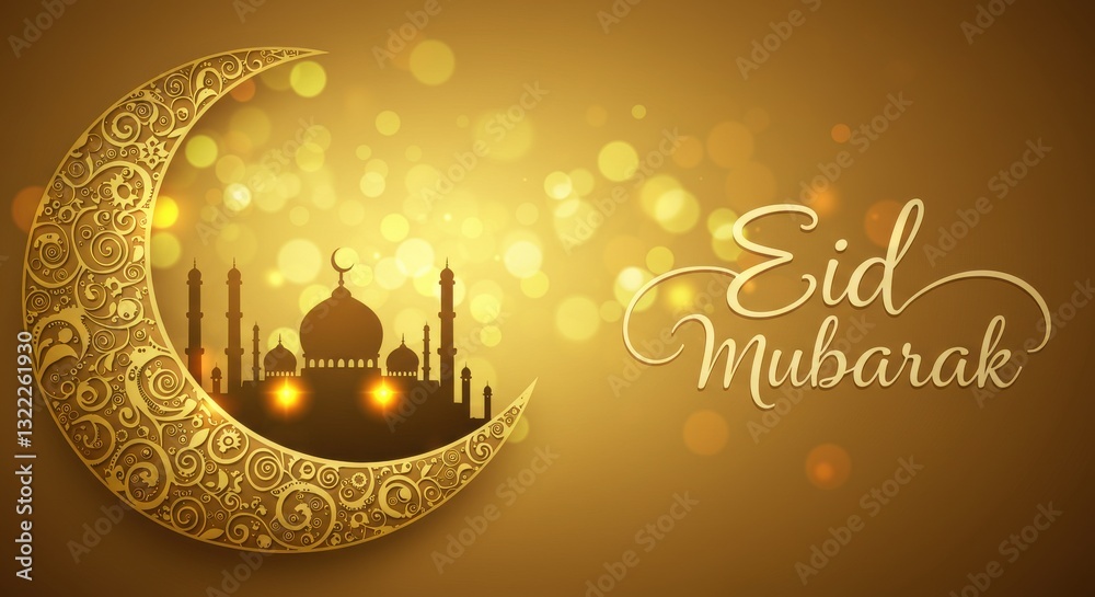 Fototapete a festive design for celebrating eid mubarak a crescent moon with golden traditional swirls patterns