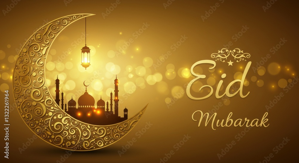 Fototapete a festive design for celebrating eid mubarak a crescent moon with golden traditional swirls patterns