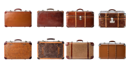 Vintage Travel Luggage Collection of Unique Leather Suitcases, PNG bundle collection, Isolated on Transparent Background