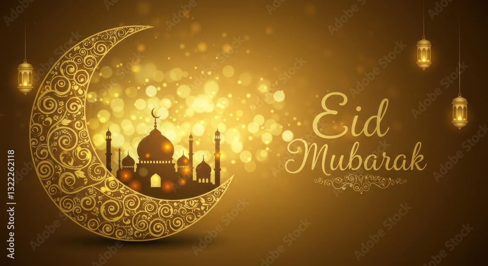 Fototapete a festive design for celebrating eid mubarak a crescent moon with golden traditional swirls patterns