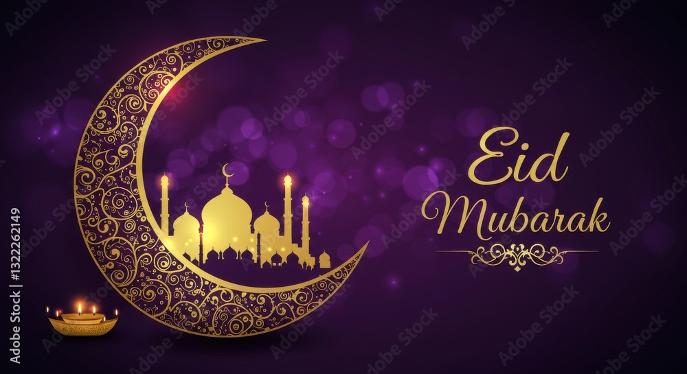 Fototapete a festive design for celebrating eid mubarak a crescent moon with golden traditional swirls patterns