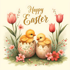 Joyful chicks celebrate easter in floral setting