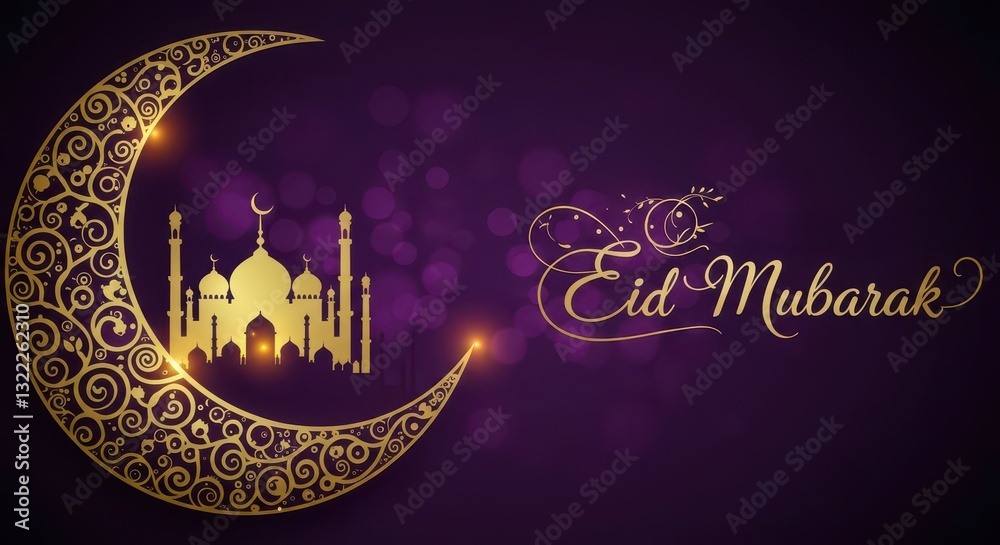 Fototapete a festive design for celebrating eid mubarak a crescent moon with golden traditional swirls patterns