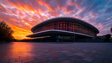 Modern Circular Building With Vibrant Orange And Red Sunset Reflected On Wet Pavement